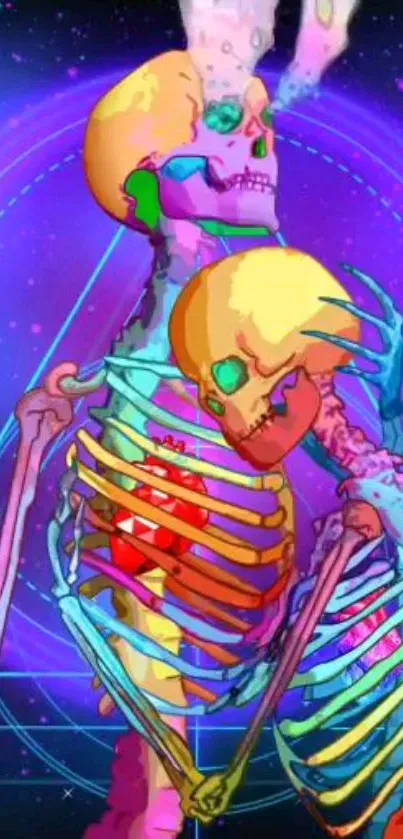 Colorful neon skeletons on a purple cosmic backdrop.