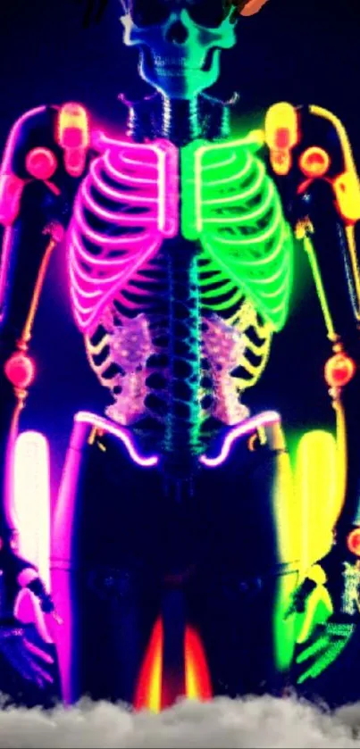 Vibrant neon skeleton on dark background wallpaper.