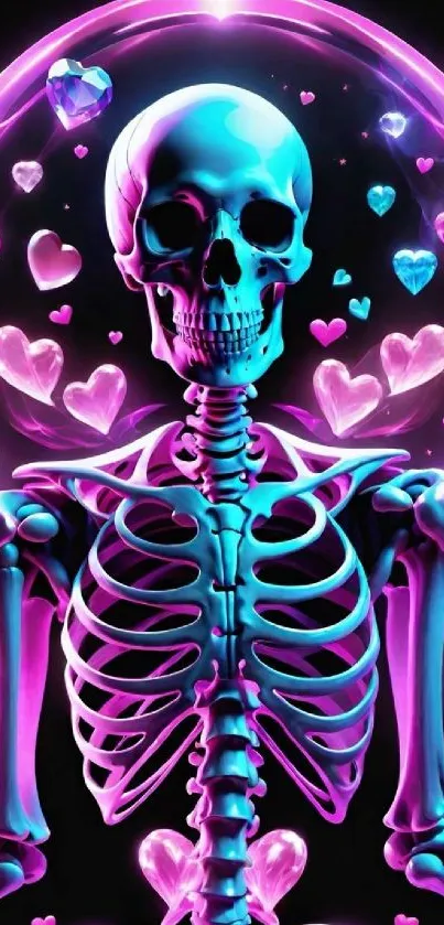 Neon skeleton with glowing hearts on a dark background.