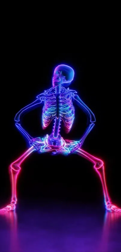 Neon skeleton striking a dynamic pose with vibrant glowing colors.