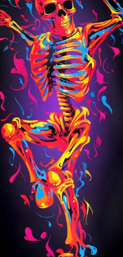 Vibrant neon skeleton art on black wallpaper.