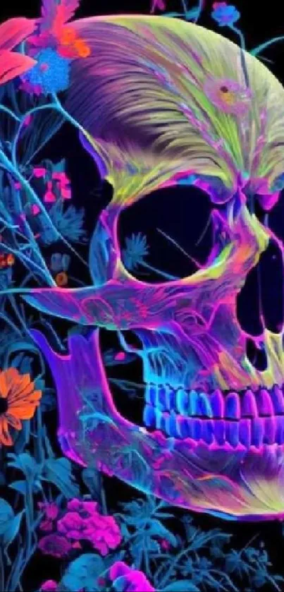 Neon skull with colorful flowers on a dark background.