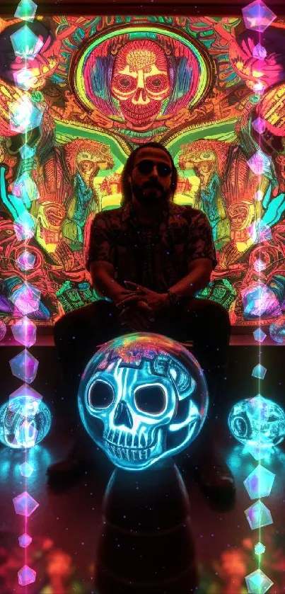 Vibrant neon skull art with glowing colors.