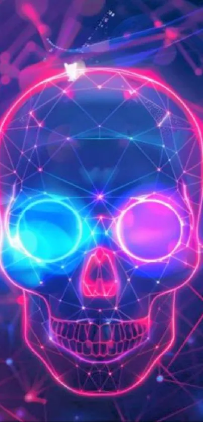 Futuristic neon skull with vibrant pink and blue hues on digital wallpaper.