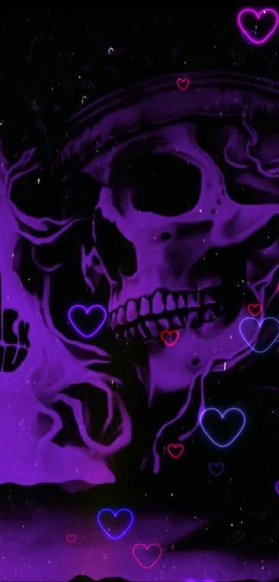 Vibrant neon skull artwork with hearts on a purple background.