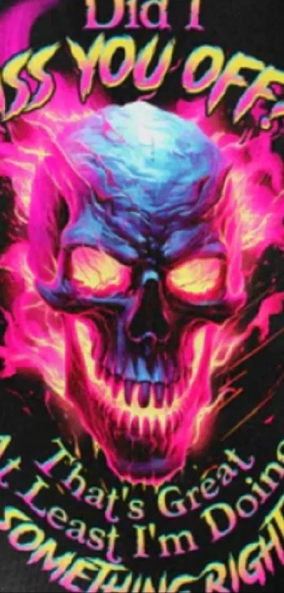 Vibrant neon skull with pink and blue flames on a black background.