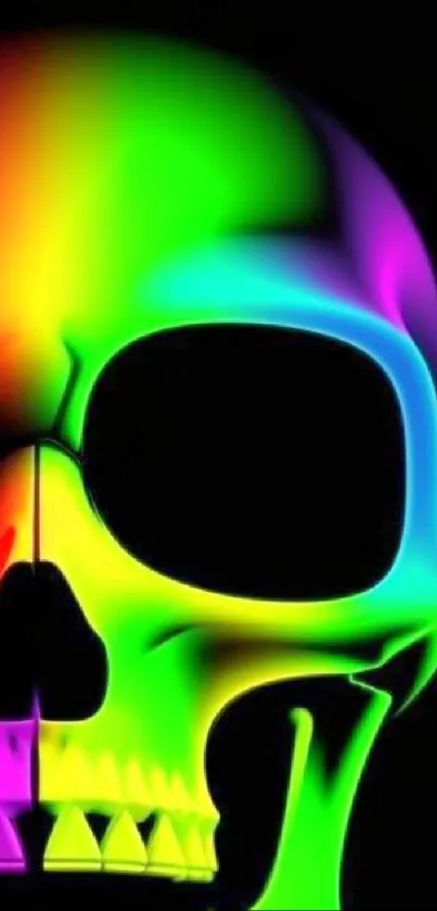 Vibrant neon skull wallpaper with psychedelic colors on dark background.