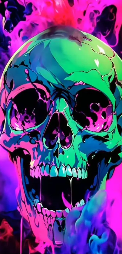 Vibrant neon skull with colorful flames.