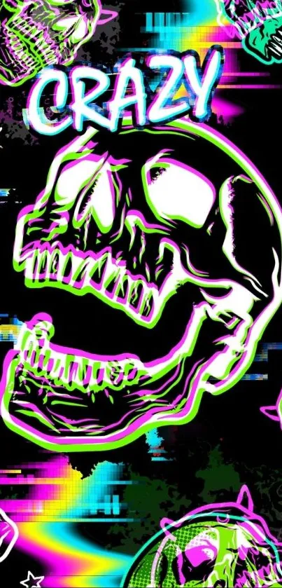 Neon skulls with vibrant colors on a black background.