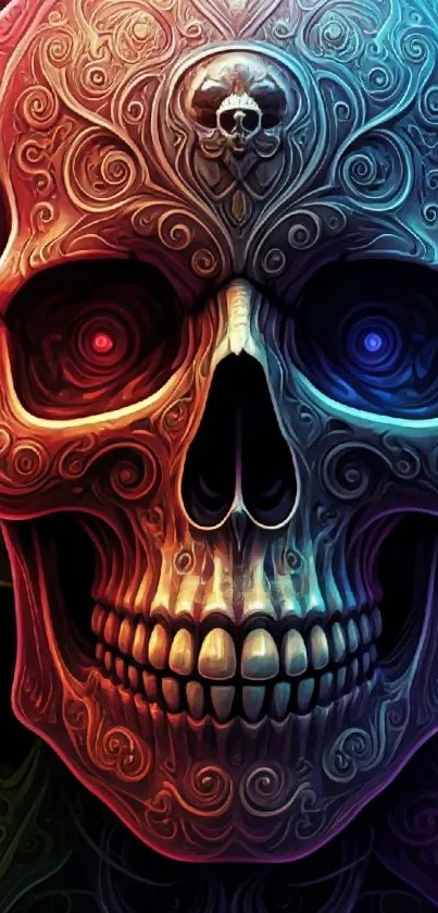 Vibrant neon skull with intricate patterns