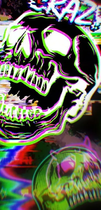 Neon skull with glitch effects mobile wallpaper.