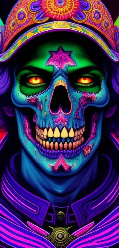 Colorful neon skull artwork with psychedelic patterns.