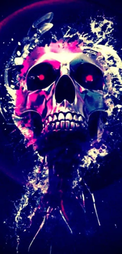 Vibrant neon skull art with dark blue and pink hues for mobile wallpaper.