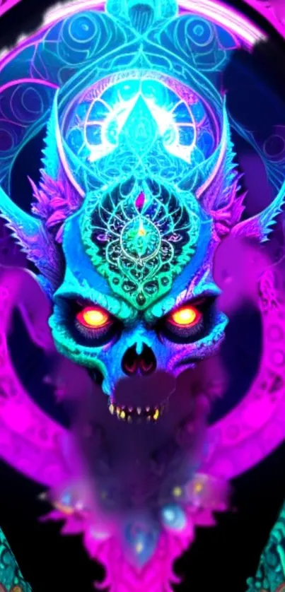 Vibrant neon skull art wallpaper with intricate design.