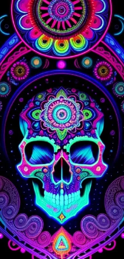 Vibrant neon skull art with intricate mandala patterns on a dark background.