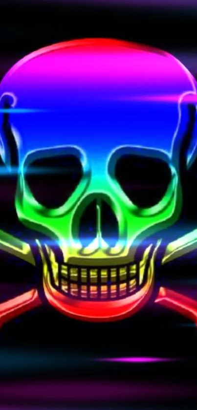 Neon skull with vibrant colors in black background wallpaper.