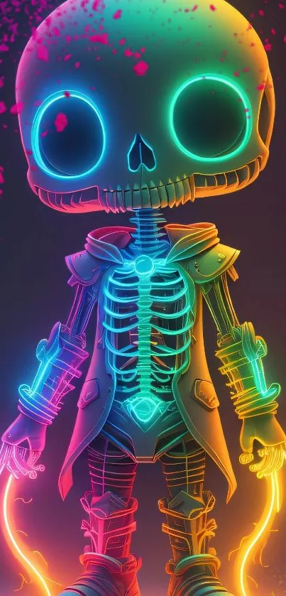 Neon skeleton artwork with vibrant colors and digital design for mobile wallpaper.