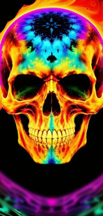 A vibrant neon skull with a psychedelic color mix.