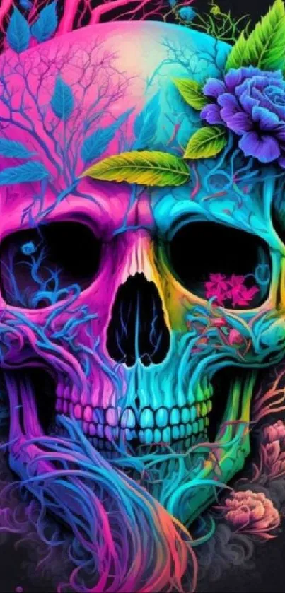 Vibrant neon skull with floral accents in bright colors.