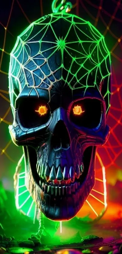 Neon skull with glowing web and eyes on dark background.