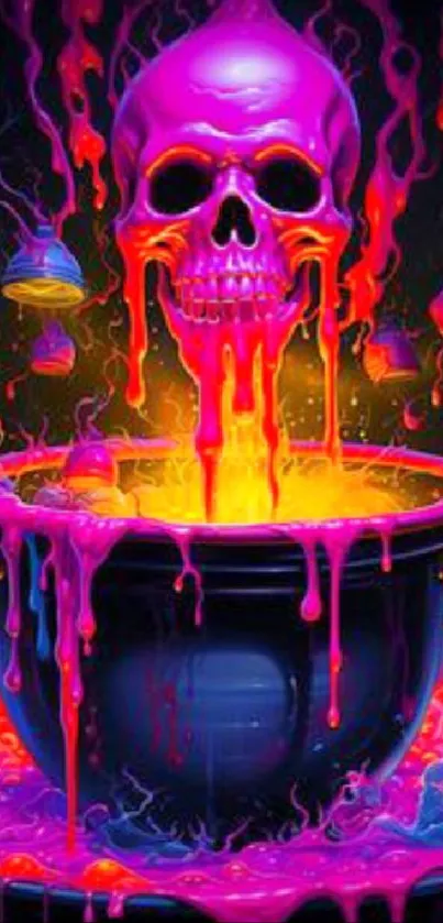 Vibrant neon skull with liquid colors and dark background.