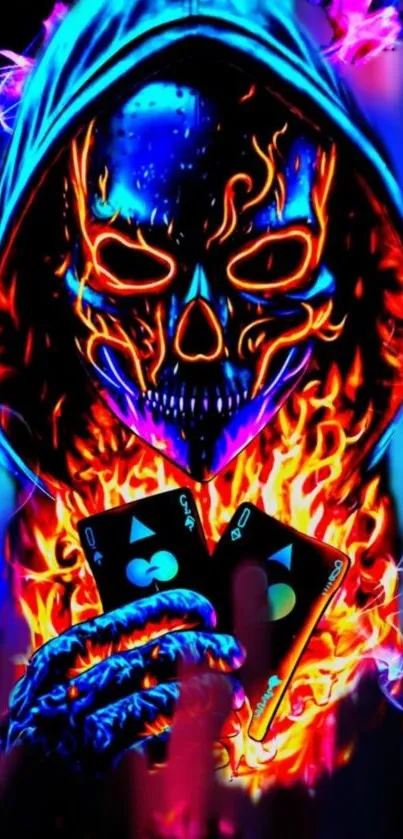 Neon skull with flames and cards wallpaper.