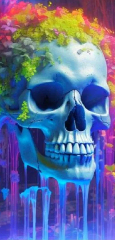 Vibrant neon skull with colorful floral accents in artistic design.