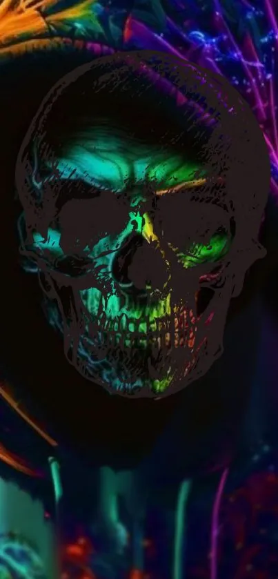 Neon skull artwork on a vibrant background.