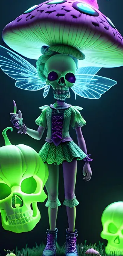 Neon green skeleton with fairy wings and glowing skulls.