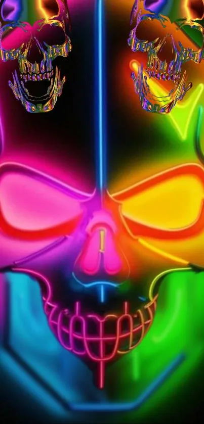 Vibrant neon skull design with colorful accents for phone wallpaper.