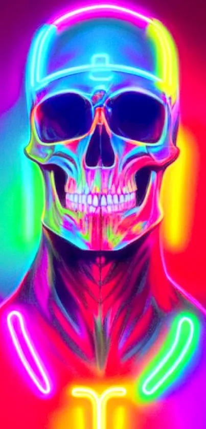 Vibrant neon skull with glowing colors on a dark background.