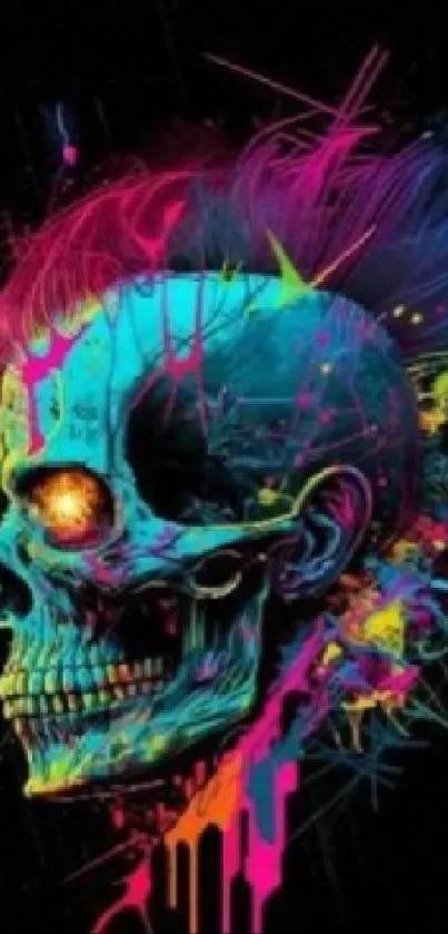 Vibrant neon skull with abstract art and bold colors.