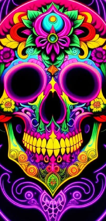 Vibrant neon skull wallpaper with intricate patterns and vivid colors.