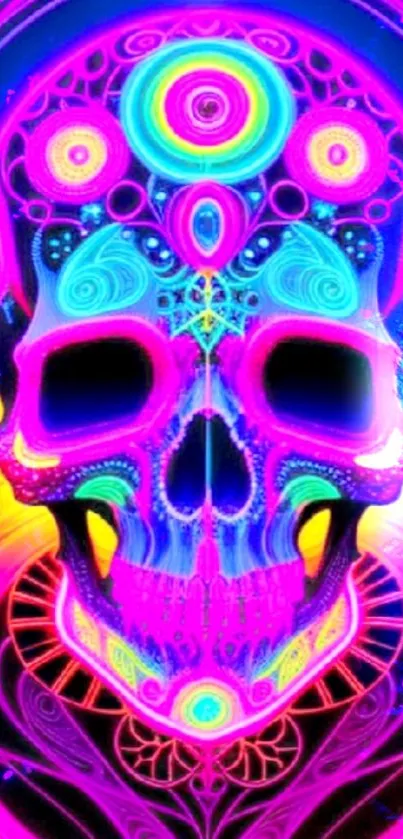 Vibrant neon skull art wallpaper with psychedelic designs.