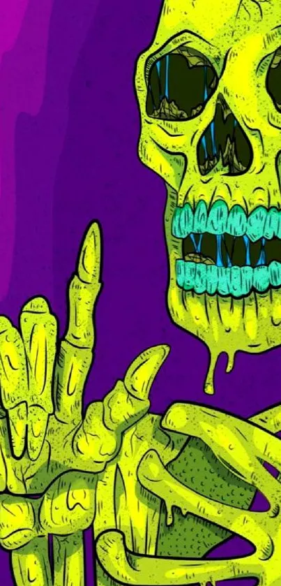 Vibrant yellow neon skull with purple background wallpaper.