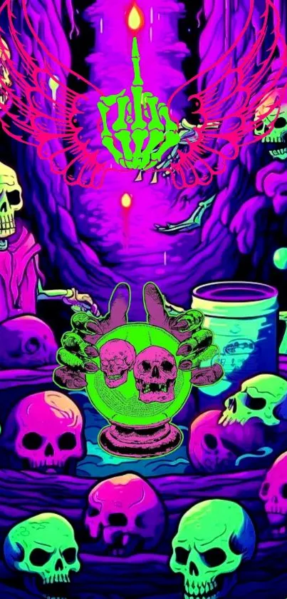 Vibrant neon skull art with pink, green, and purple hues in a psychedelic style.