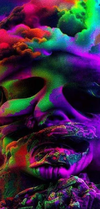 Vibrant neon skull art with psychedelic cloud patterns.