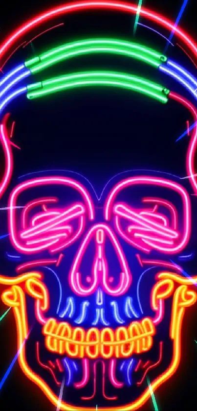 Neon skull wallpaper in vibrant colors on a black background.
