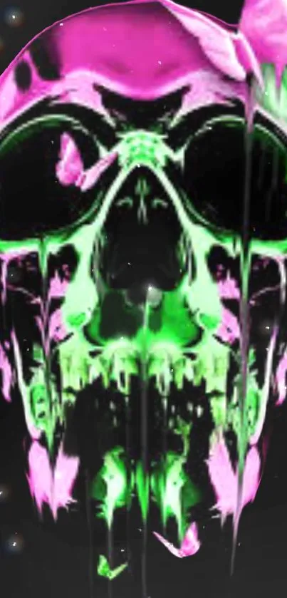 Neon pink and green skull artwork on dark background.