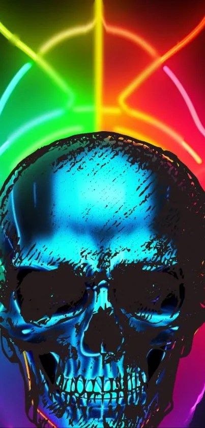 Bright neon skull artwork on a blue backdrop.