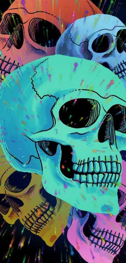 Vibrant neon skulls on a dark mobile wallpaper