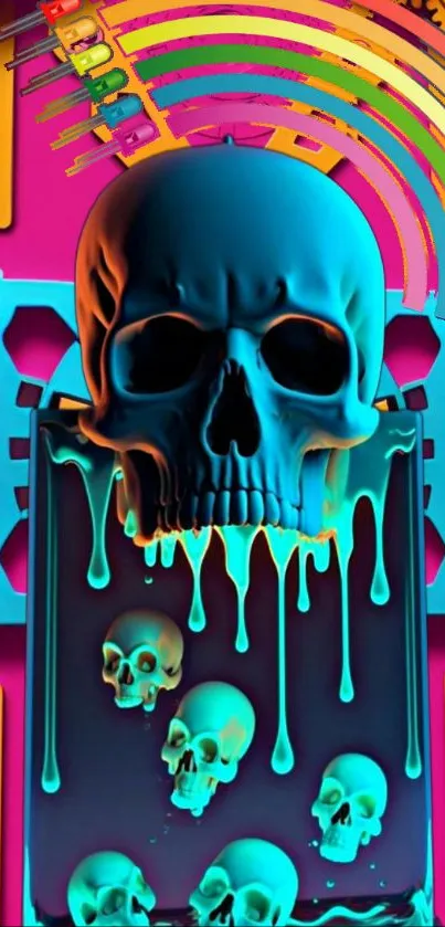 Neon skull art with vibrant colors on a modern mobile wallpaper.