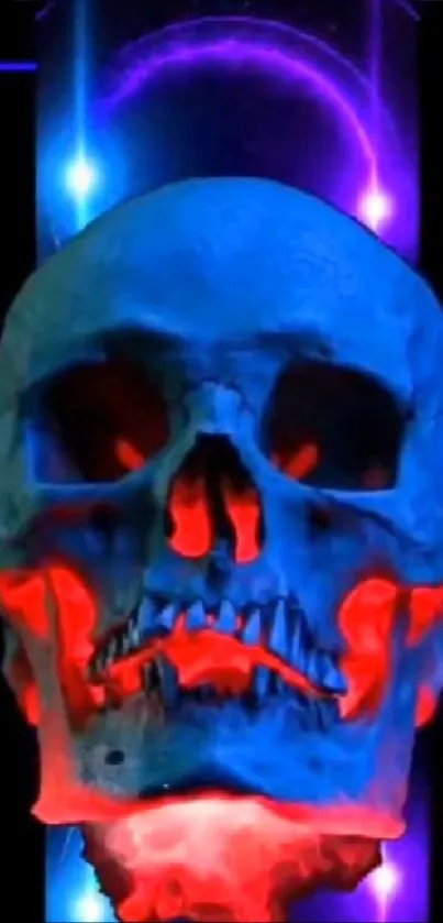 Vibrant neon blue and red skull art design.