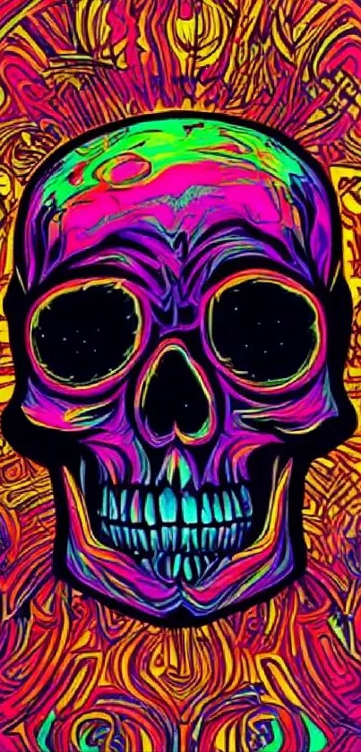 Vibrant neon skull art with psychedelic colors, ideal for a bold mobile wallpaper.