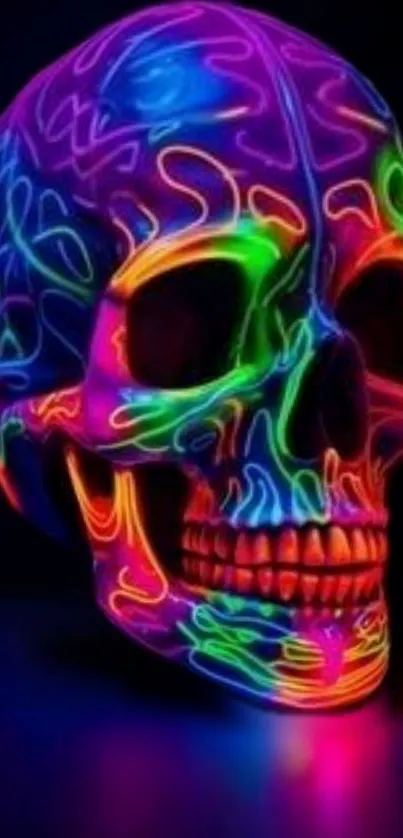 Vibrant neon skull artwork with glowing patterns on a dark background.