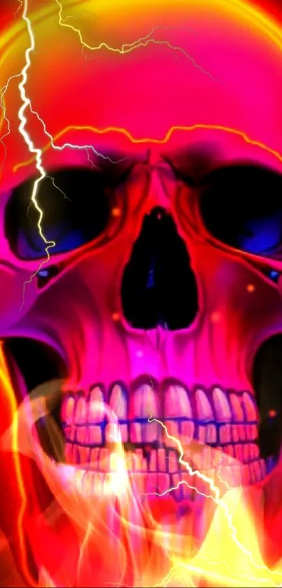 Vibrant neon skull with fiery hues and electric lightning.