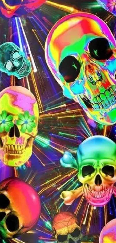 Neon skulls with vibrant colors on dark background.