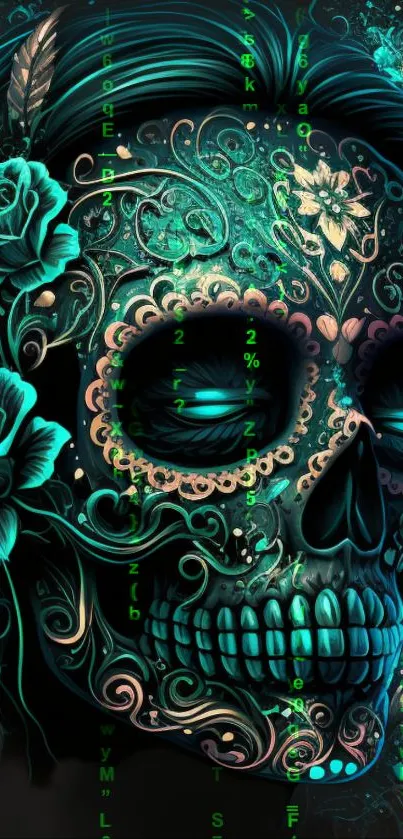 Neon skull with vibrant floral designs and glowing blue hues.