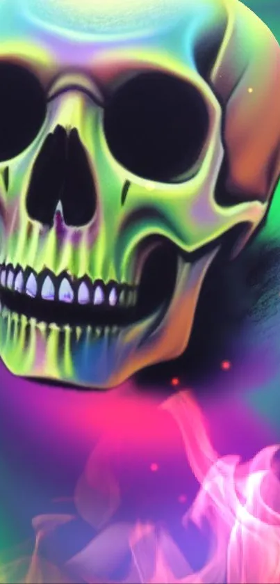 Vibrant neon skull artwork with colorful flames.