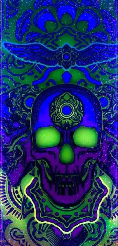 Vibrant neon green skull artwork with intricate patterns.